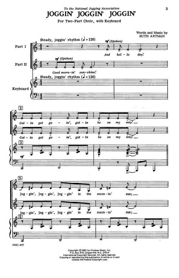 Ruth Artman, Joggin' Joggin' Joggin'&nbsp;&nbsp;2-Part Choir and Keyboard&nbsp;&nbsp;Chorpartitur