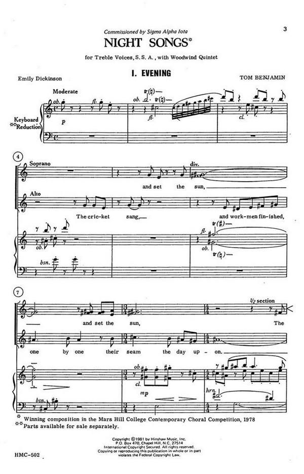 Tom Benjamin, Night Songs&nbsp;&nbsp;SSA,&nbsp;&nbsp;Chorpartitur