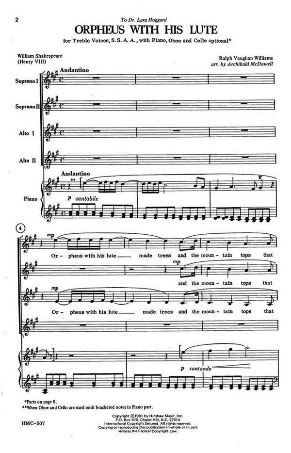 Ralph Vaughan Williams, Orpheus With His Lute&nbsp;&nbsp;SSAA, Piano&nbsp;&nbsp;Chorpartitur