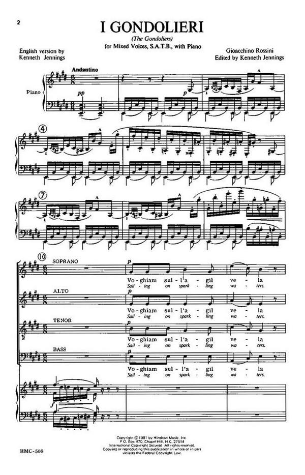 Gioachino Rossini, I Gondolieri (The Gondoliers)&nbsp;&nbsp;SATB, Piano&nbsp;&nbsp;Chorpartitur