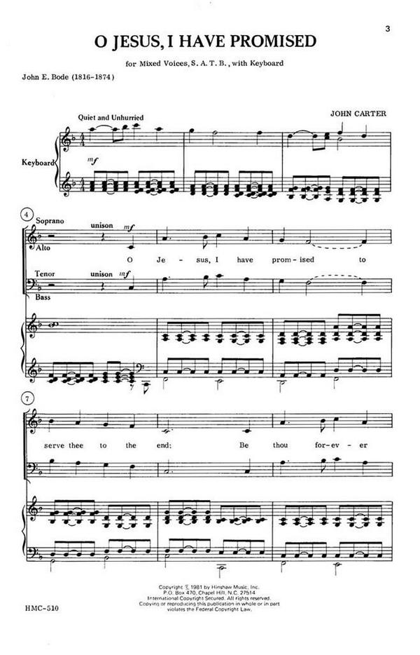 John Carter, O Jesus, I Have Promised&nbsp;&nbsp;SATB and Keyboard&nbsp;&nbsp;Chorpartitur