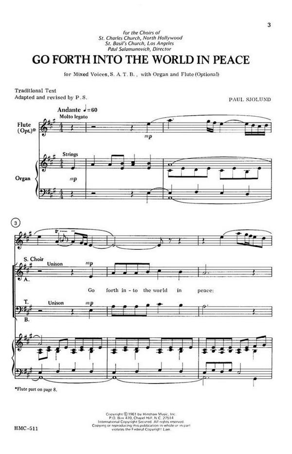 Paul Sjolund, Go Forth Into The World In Peace&nbsp;&nbsp;SATB and Organ&nbsp;&nbsp;Chorpartitur