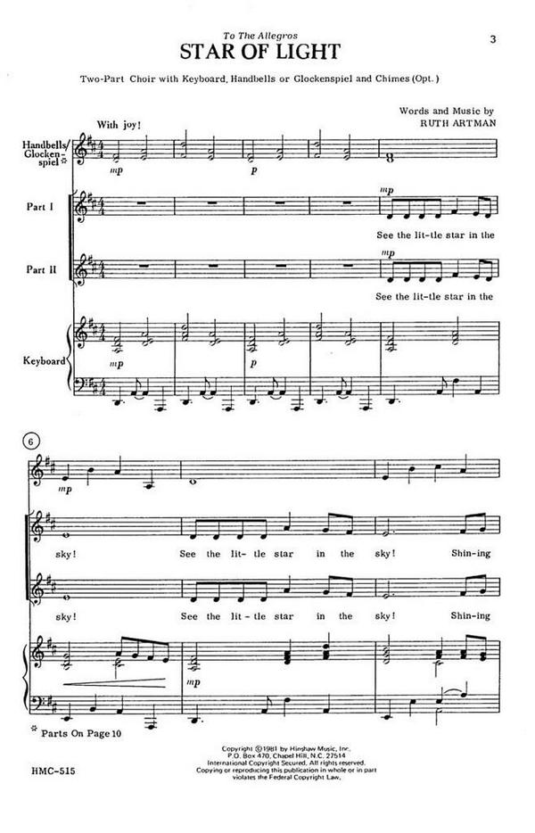 Ruth Artman, Star Of Light&nbsp;&nbsp;2-Part Choir and Keyboard&nbsp;&nbsp;Chorpartitur