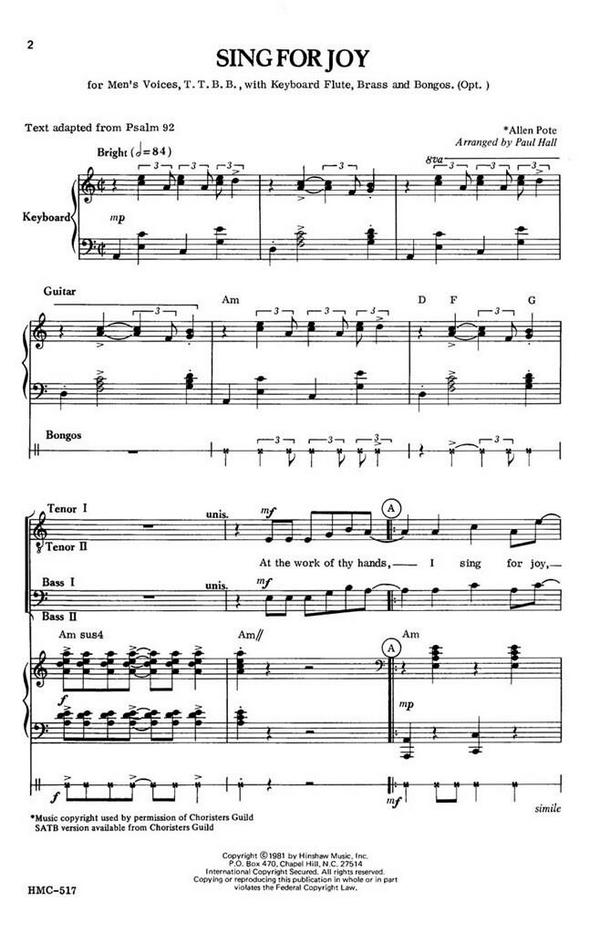 Allen Pote, Sing For Joy  TTBB, Keyboard, Flute-2 Trumpets-2 Trombones-Bongo Opt.  Chorpartitur