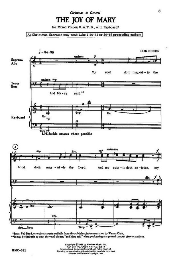 Don Neuen, The Joy Of Mary&nbsp;&nbsp;SATB and Keyboard&nbsp;&nbsp;Chorpartitur
