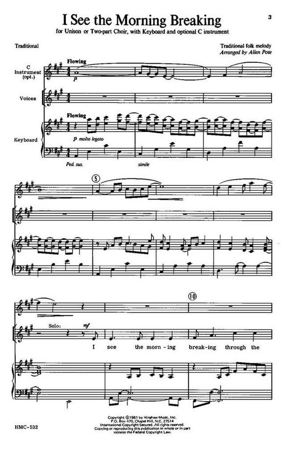 I See The Morning Breaking&nbsp;&nbsp;Unison or 2-Part, Keyboard, Optional C-Instrumentation&nbsp;&nbsp;Chorpartitur