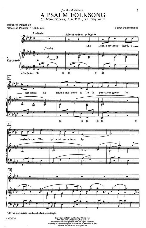 Edwin Penhorwood, A Psalm Folksong&nbsp;&nbsp;SATB and Keyboard&nbsp;&nbsp;Chorpartitur