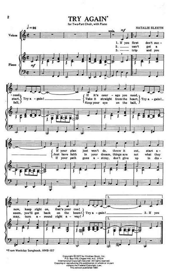 Natalie Sleeth, Try Again&nbsp;&nbsp;2-Part Choir and Piano&nbsp;&nbsp;Chorpartitur