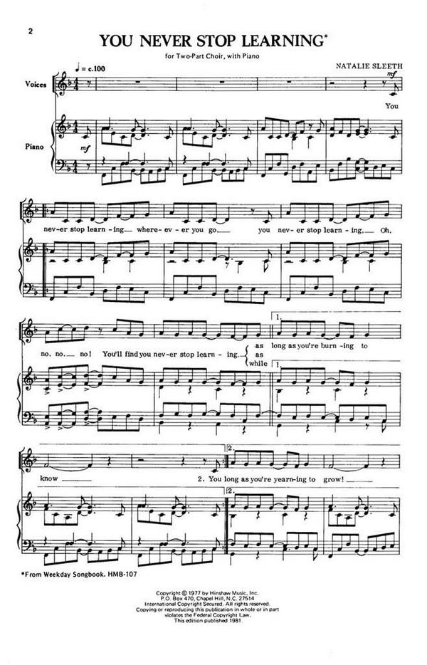 Natalie Sleeth, You Never Stop Learning&nbsp;&nbsp;2-Part Choir and Piano&nbsp;&nbsp;Chorpartitur