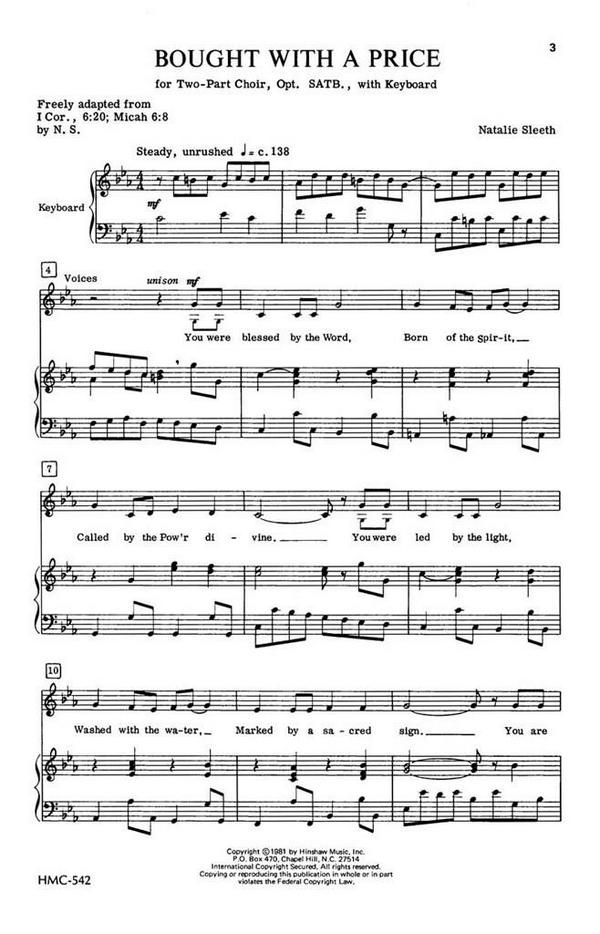Natalie Sleeth, Bought With A Price&nbsp;&nbsp;2-Part, Optional SATB, Keyboard&nbsp;&nbsp;Chorpartitur
