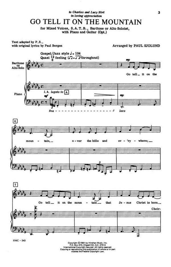 Go Tell It On The Mountain&nbsp;&nbsp;SATB, Baritone or Alto Solo, Piano, Guitar Optional&nbsp;&nbsp;Chorpartitur