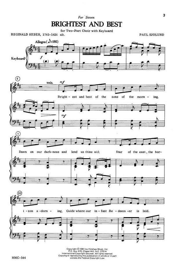 Paul Sjolund, Brightest And Best&nbsp;&nbsp;2-Part Choir and Keyboard&nbsp;&nbsp;Chorpartitur
