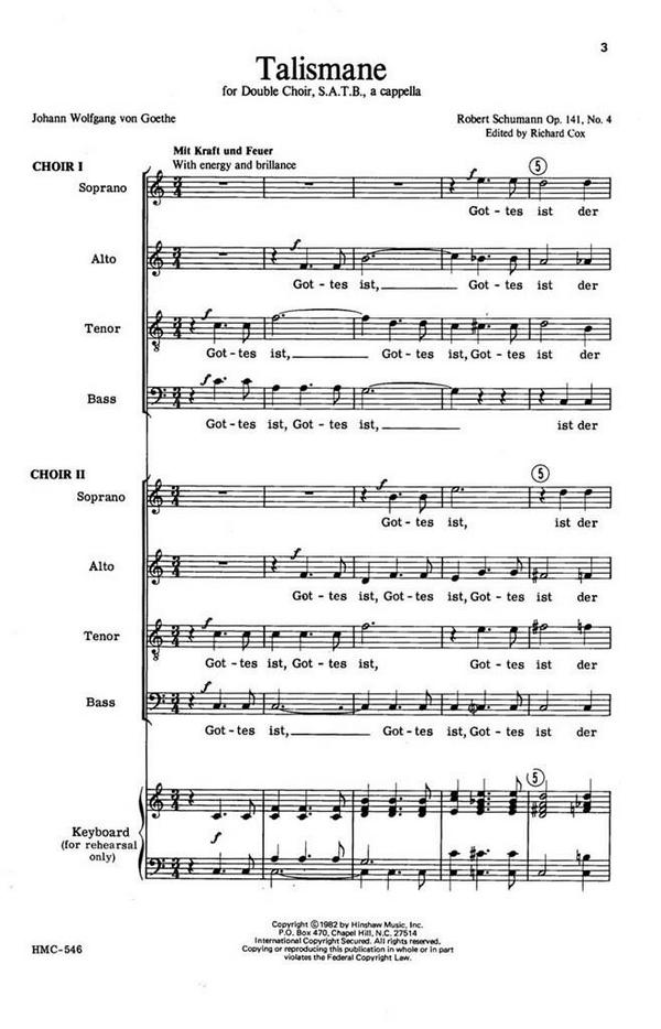 Robert Schumann, Talismane Op 141, No. 4&nbsp;&nbsp;SATB -Double, a Cappella&nbsp;&nbsp;Chorpartitur