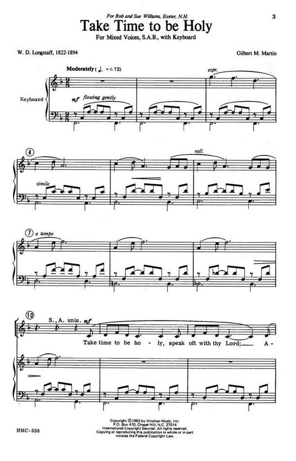 Gilbert Martin, Take Time To Be Holy&nbsp;&nbsp;SAB and Keyboard&nbsp;&nbsp;Chorpartitur