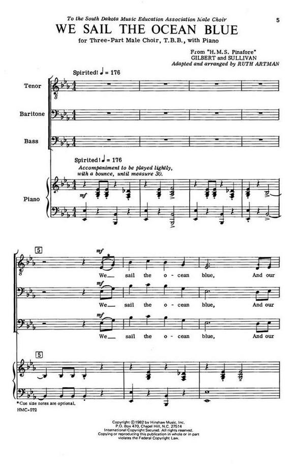 We Sail The Ocean Blue&nbsp;&nbsp;TBB, Piano&nbsp;&nbsp;Chorpartitur