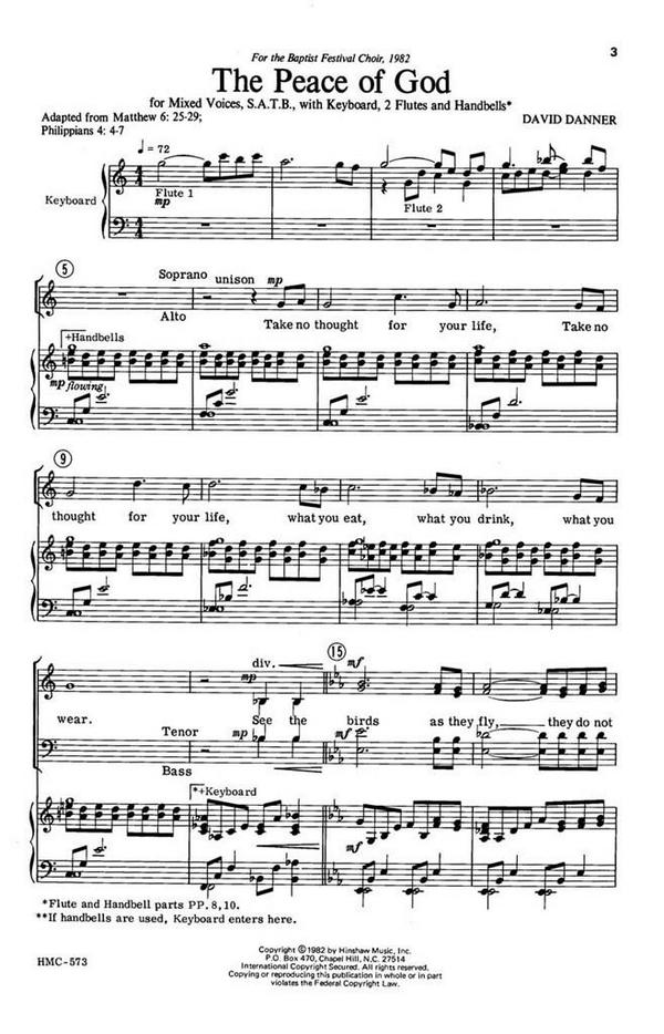 David Danner, The Peace Of God&nbsp;&nbsp;SATB, Keyboard, 2 Flutes and Handbells&nbsp;&nbsp;Chorpartitur