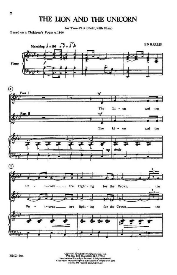 Ed Harris, The Lion And The Unicorn&nbsp;&nbsp;2-Part Choir and Piano&nbsp;&nbsp;Chorpartitur