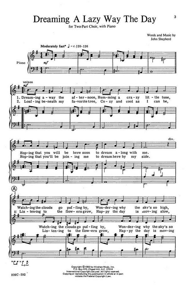 John Shepherd, Dreaming A Lazy Way The Day&nbsp;&nbsp;2-Part Choir and Piano&nbsp;&nbsp;Chorpartitur