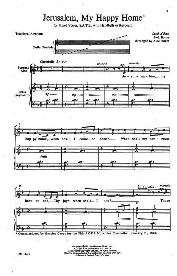 Jerusalem, My Happy Home&nbsp;&nbsp;SATB, Keyboard Or Handbells&nbsp;&nbsp;Chorpartitur