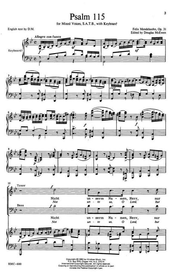 Felix Mendelssohn Bartholdy, Psalm 115&nbsp;&nbsp;SATB and Keyboard&nbsp;&nbsp;Chorpartitur
