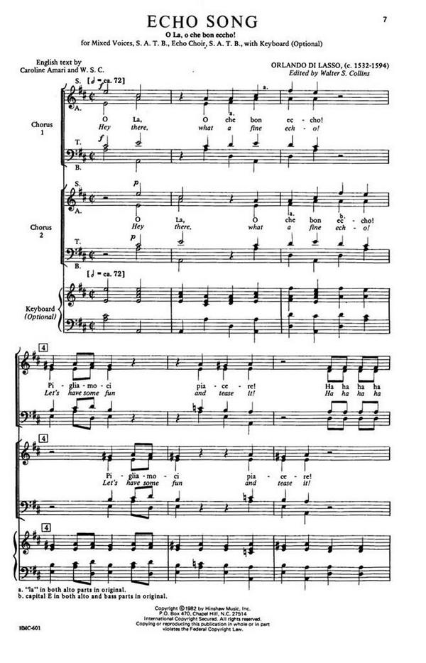Echo Song  (O La, O Che Bon Eccho!)&nbsp;&nbsp;for double choir and opt. keyboard&nbsp;&nbsp;choral score