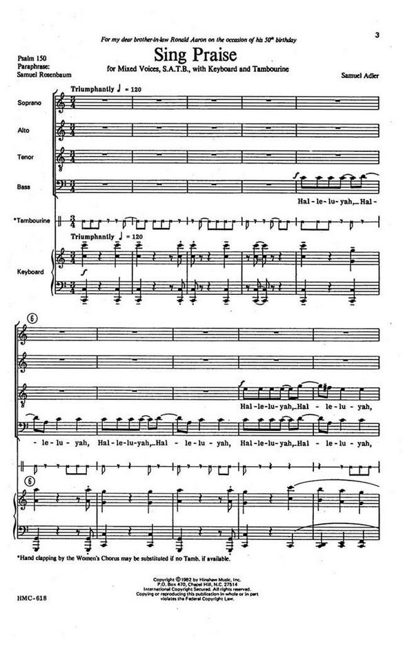 Samuel Adler, Sing Praise&nbsp;&nbsp;SATB, Keyboard, Tambourine&nbsp;&nbsp;Chorpartitur