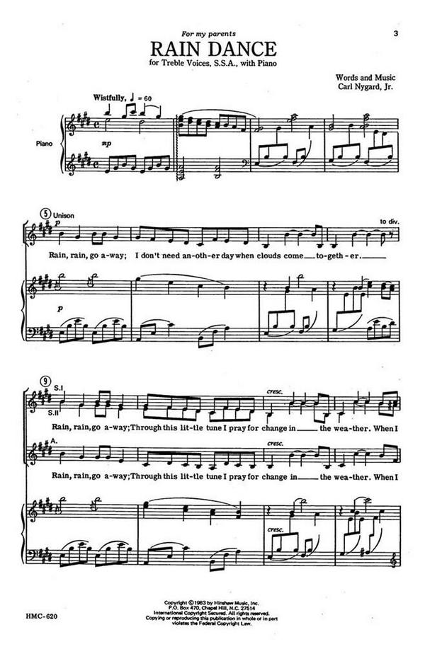 Carl Nygard, Rain Dance&nbsp;&nbsp;SSA, Keyboard&nbsp;&nbsp;Chorpartitur