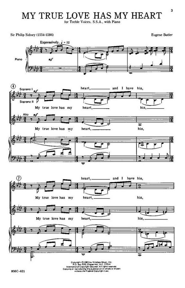 Eugene Butler, My True Love Has My Heart&nbsp;&nbsp;SSA, Piano&nbsp;&nbsp;Chorpartitur