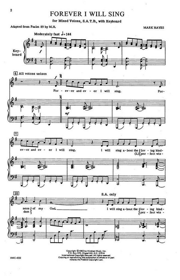 Mark Hayes, Forever I Will Sing&nbsp;&nbsp;SATB and Keyboard&nbsp;&nbsp;Chorpartitur