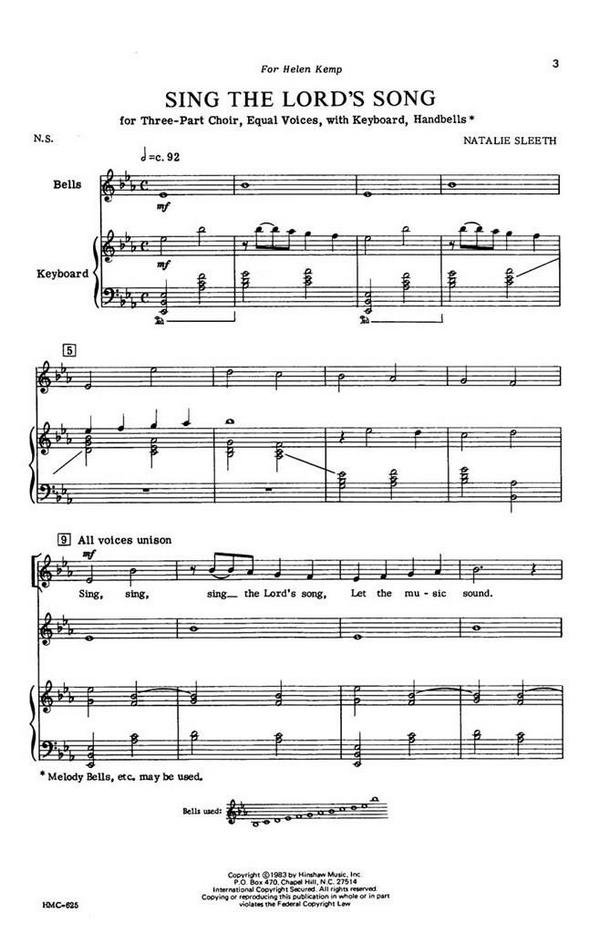 Natalie Sleeth, Sing The Lord's Song&nbsp;&nbsp;3-Part Choral, Keyboard, Handbells&nbsp;&nbsp;Chorpartitur