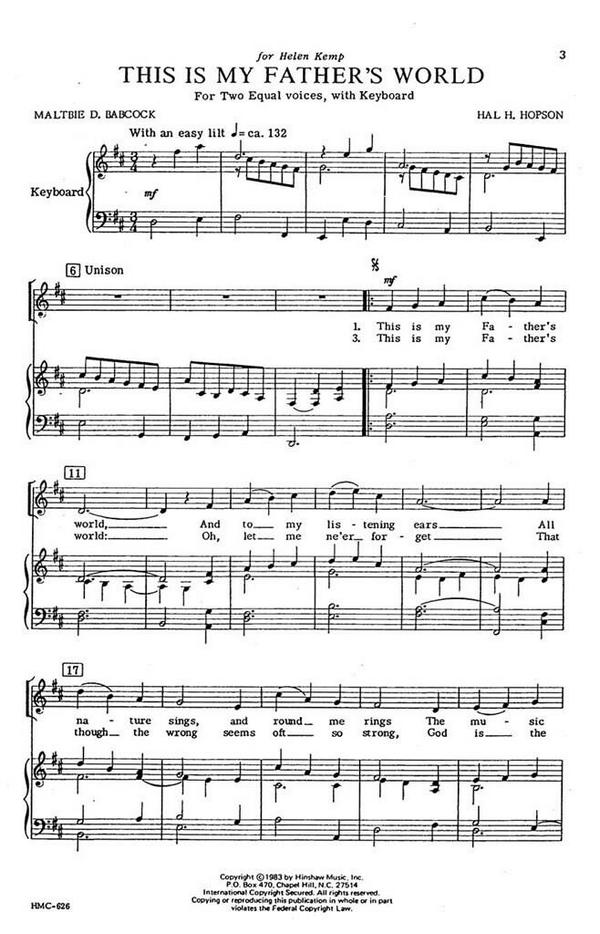 Hal H. Hopson, This Is My Father's World&nbsp;&nbsp;2 Equal Voices and Keyboard&nbsp;&nbsp;Chorpartitur