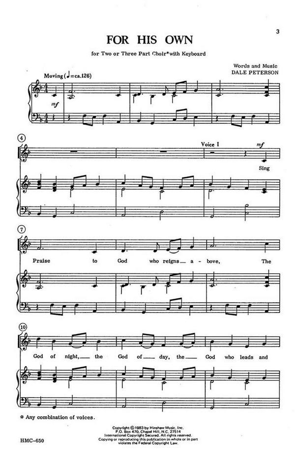 Dale Peterson, For His Own&nbsp;&nbsp;2 or 3-Part Choir, Keyboard&nbsp;&nbsp;Chorpartitur