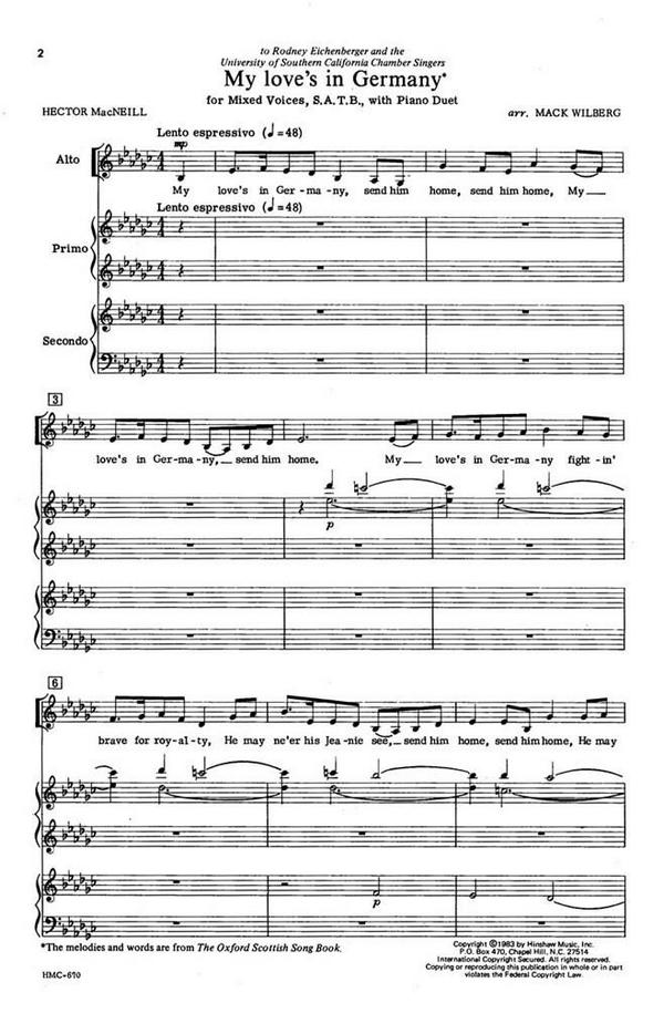 My Love's In Germany&nbsp;&nbsp;SATB, Piano Duet&nbsp;&nbsp;Chorpartitur