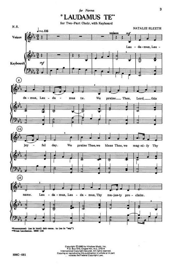 Natalie Sleeth, Laudamus Te&nbsp;&nbsp;2-Part Choir and Keyboard&nbsp;&nbsp;Chorpartitur