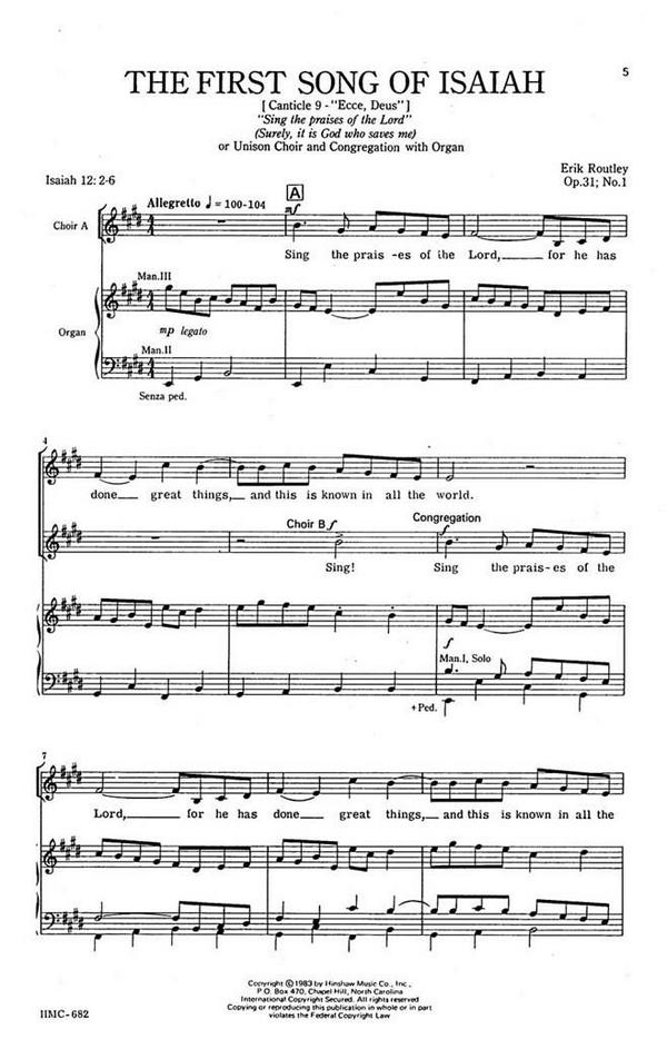 Erik Routley, The First Song Of Isaiah&nbsp;&nbsp;Unison with Congregation, Organ&nbsp;&nbsp;Chorpartitur