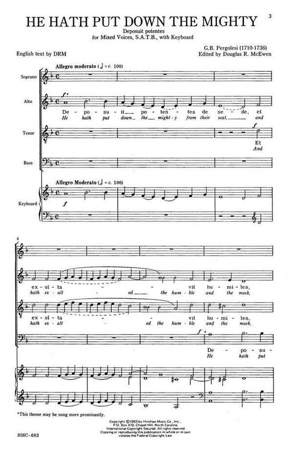 Giovanni Battista Pergolesi, He Hath Put Down The Mighty&nbsp;&nbsp;SATB and Keyboard&nbsp;&nbsp;Chorpartitur