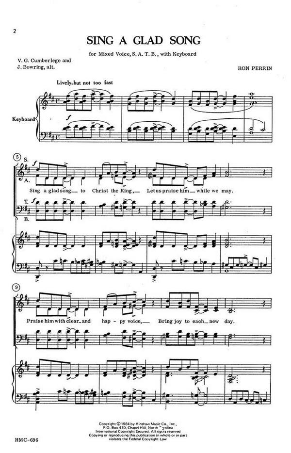 Ronald Perrin, Sing A Glad Song&nbsp;&nbsp;SATB and Keyboard&nbsp;&nbsp;Chorpartitur
