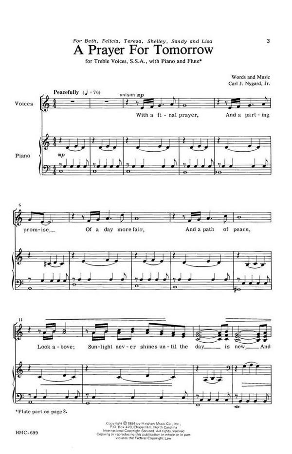 Carl Nygard, A Prayer For Tomorrow&nbsp;&nbsp;SSA, Piano and Flute&nbsp;&nbsp;Chorpartitur