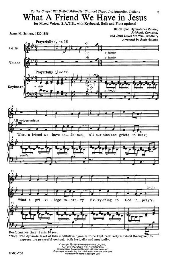 What A Friend We Have In Jesus&nbsp;&nbsp;SATB, Keyboard, Bells and Flutes Optional&nbsp;&nbsp;Chorpartitur