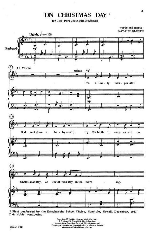 Natalie Sleeth, On Christmas Day&nbsp;&nbsp;2-Part Choir and Keyboard&nbsp;&nbsp;Chorpartitur