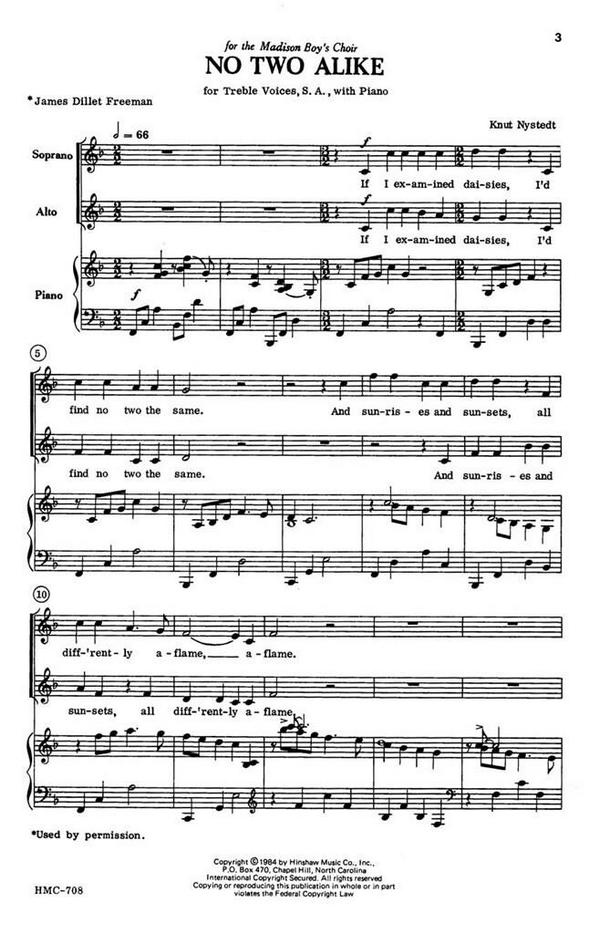 Knut Nystedt, No Two Alike&nbsp;&nbsp;SA, Piano&nbsp;&nbsp;Chorpartitur
