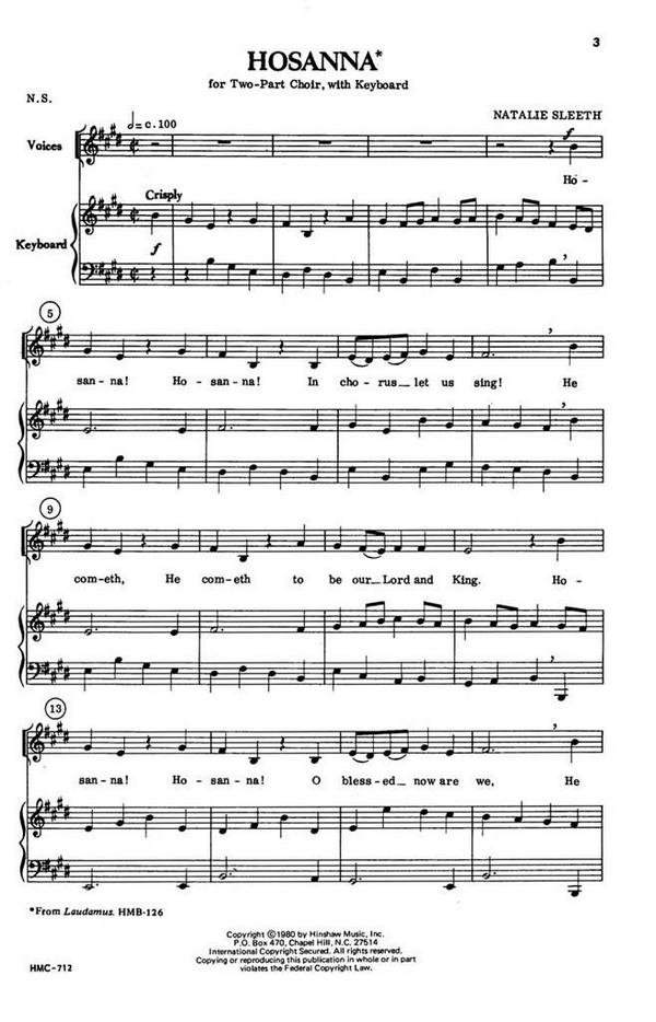 Natalie Sleeth, Hosanna&nbsp;&nbsp;2-Part Choir and Keyboard&nbsp;&nbsp;Chorpartitur