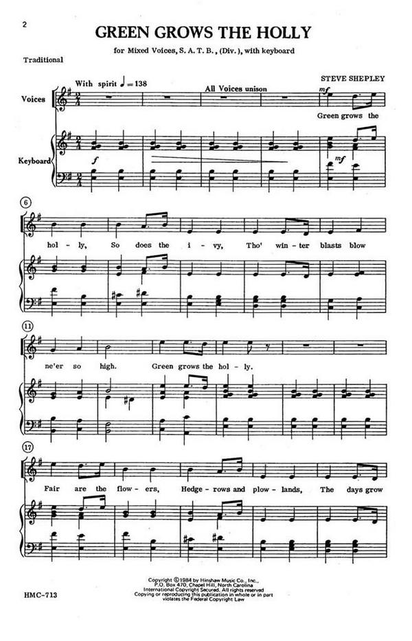 Steve Shepley, Green Grows The Holly&nbsp;&nbsp;SATB Divisi, Keyboard&nbsp;&nbsp;Chorpartitur