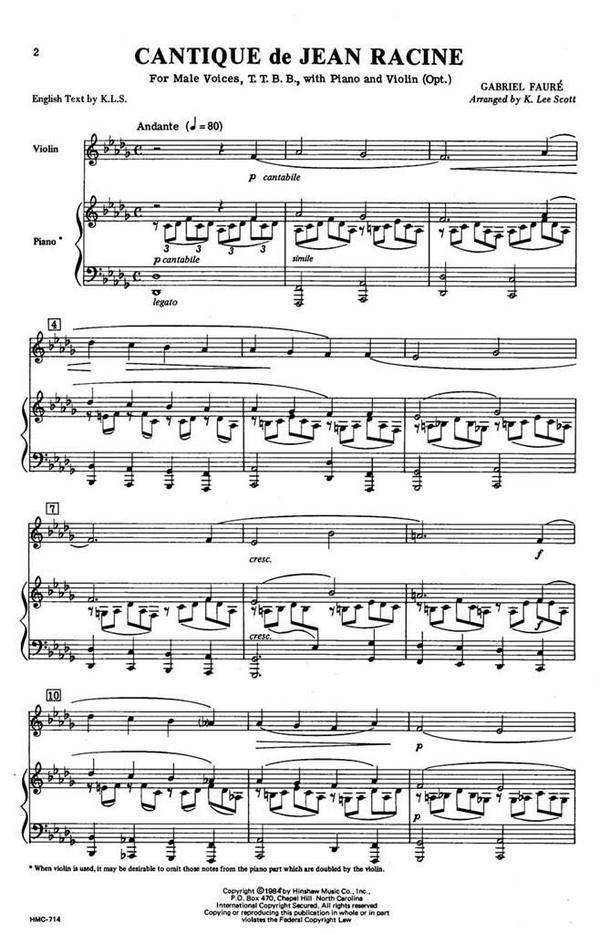 Gabriel Fauré, Cantique De Jean Racine&nbsp;&nbsp;TTBB, Piano, Optional Violin Or Viola&nbsp;&nbsp;Chorpartitur
