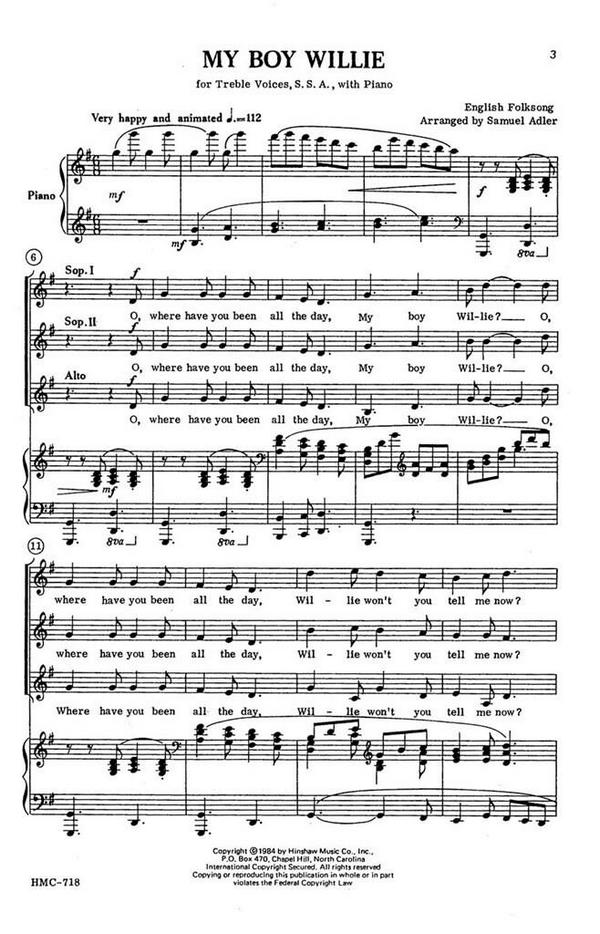 My Boy Willie&nbsp;&nbsp;SSA, Piano&nbsp;&nbsp;Chorpartitur