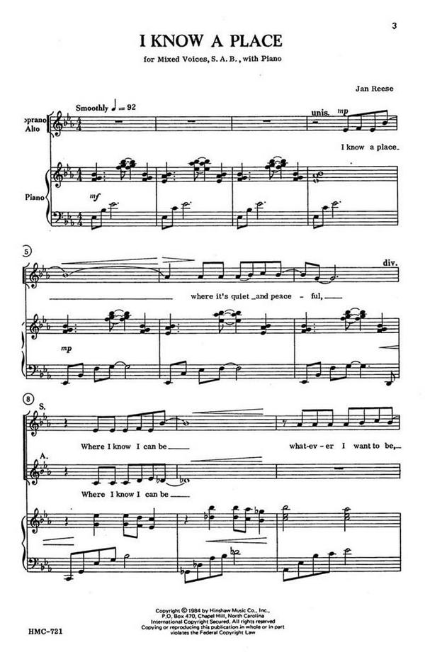 Janette Reese, I Know A Place&nbsp;&nbsp;SAB, Piano&nbsp;&nbsp;Chorpartitur