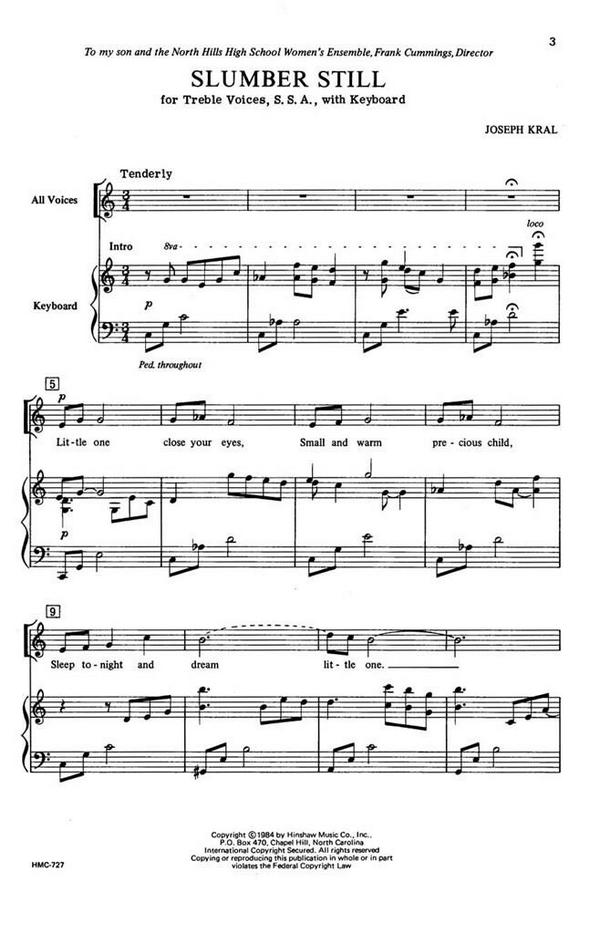 Joseph Kral, Slumber Still&nbsp;&nbsp;SSA, Keyboard&nbsp;&nbsp;Chorpartitur