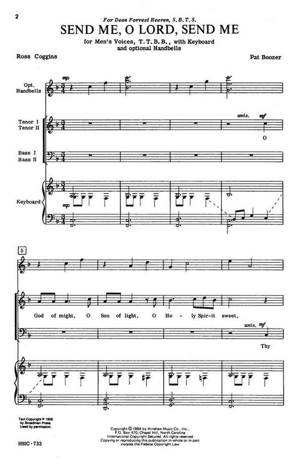 Pat Boozer, Send Me, O Lord, Send Me&nbsp;&nbsp;TTBB, Keyboard, Optional Handbells&nbsp;&nbsp;Chorpartitur