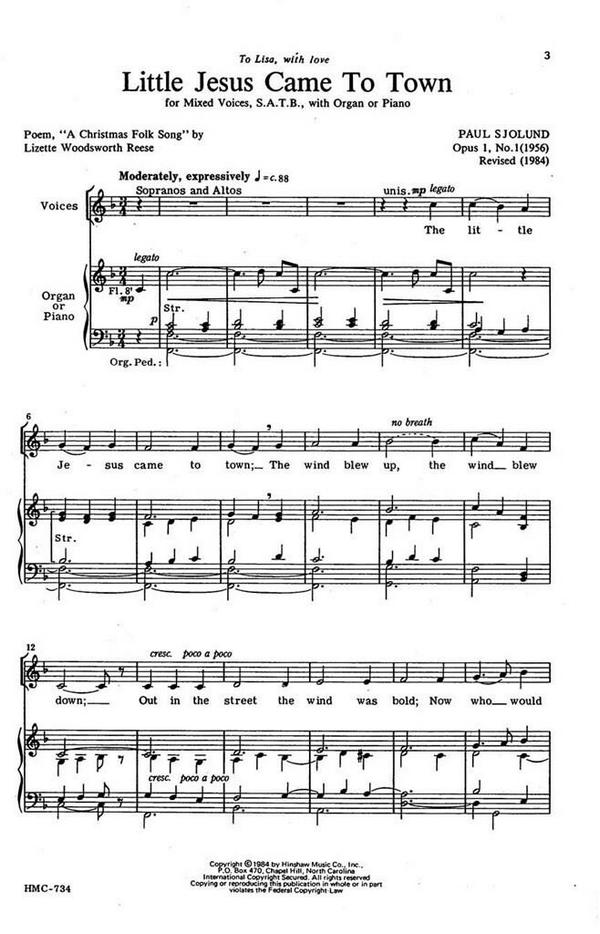 Paul Sjolund, Little Jesus Came To Town&nbsp;&nbsp;SATB and Keyboard&nbsp;&nbsp;Chorpartitur
