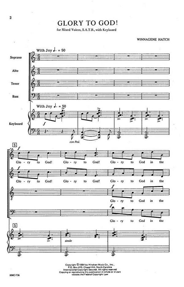 Winnagene Hatch, Glory To God!&nbsp;&nbsp;SAB, Keyboard, Flute Or Violin&nbsp;&nbsp;Chorpartitur